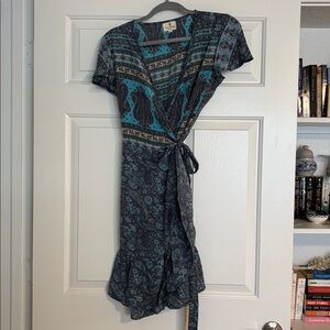 Perry Walker Collective Blue and Gray Paisley Silk Midi Wrap Dress